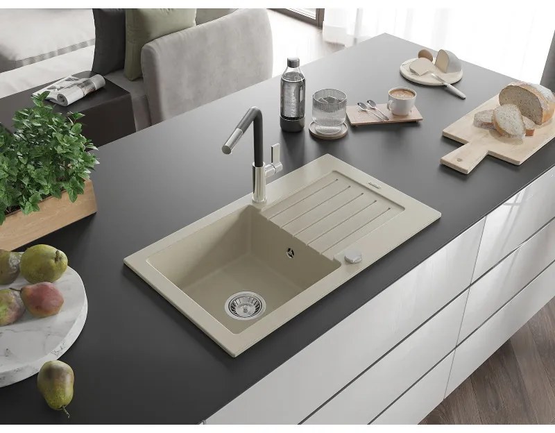 Mexen Pablo, 1-komorový granitový drez 752x436x161 mm a drezová batéria Flora, béžová, 6510-69-670401-07
