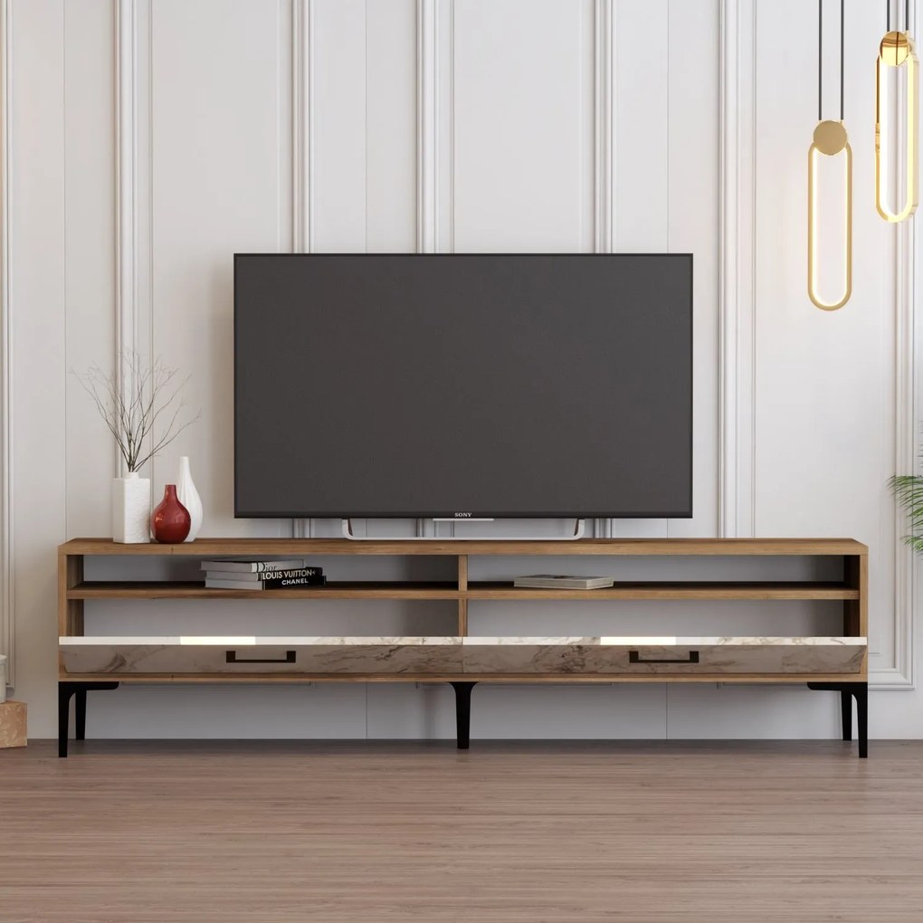 TV stolík/skrinka Irma 2 (orech + biely mramor). Akcia -12%. Vlastná spoľahlivá doprava až k Vám domov. 1088901