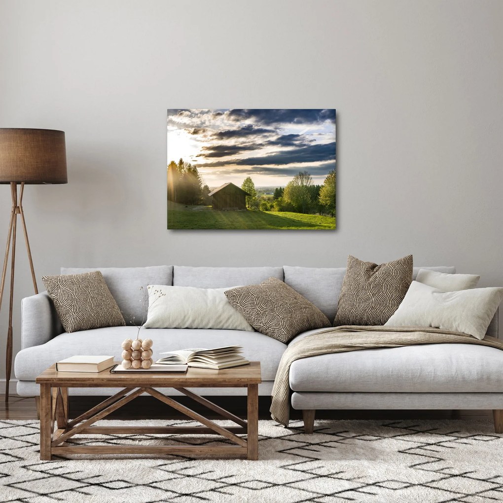 Obraz chaty na lúke (70x50 cm)