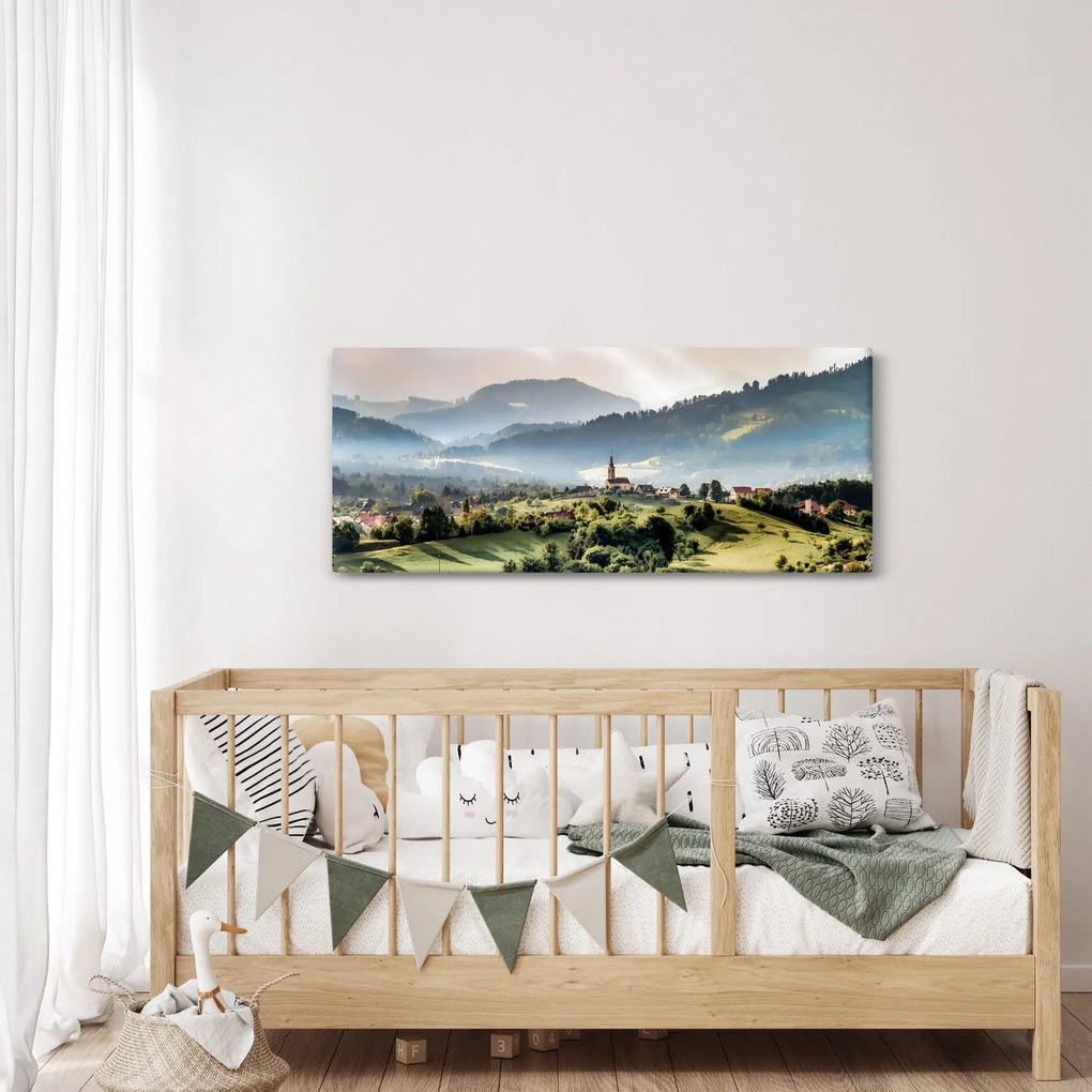 Obraz - dedinka v hmle (120x50 cm)