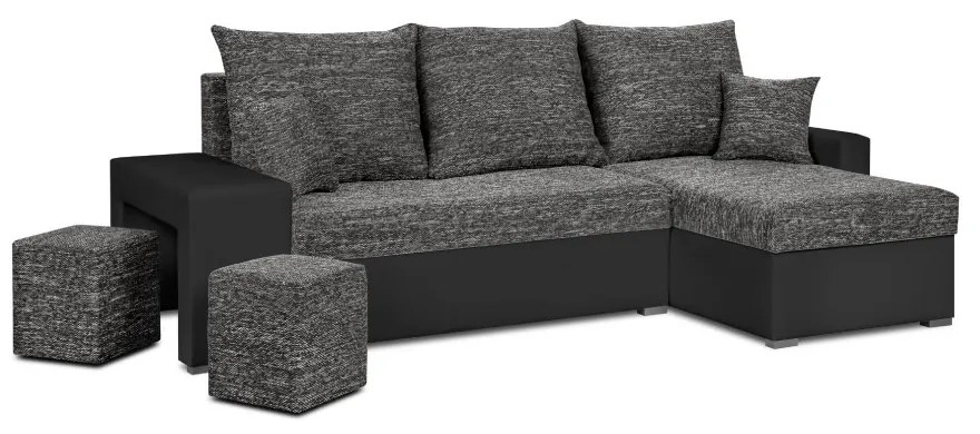 MEGA AKCE Rozkládací rohová sedací souprava HUBI + 2 Taburety Šedá/Černá
