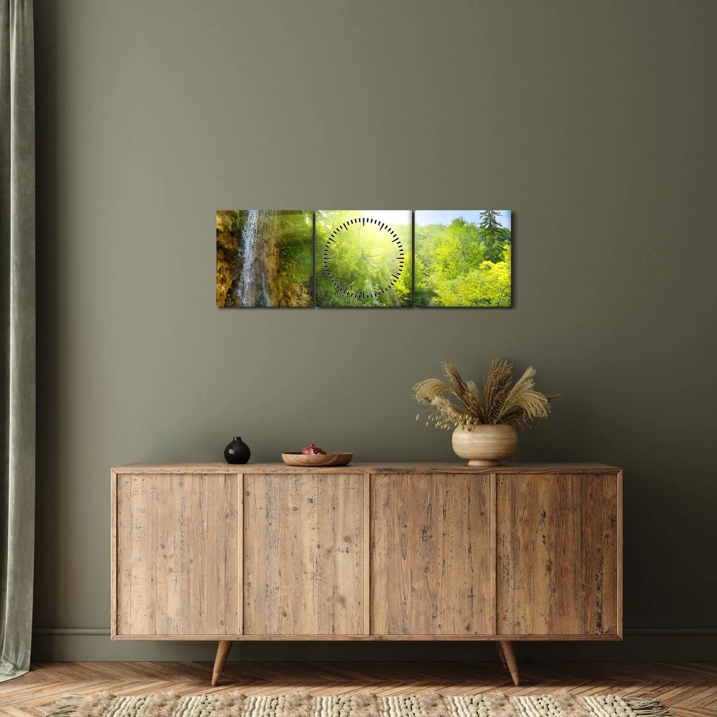 Obraz - vodopády v pralese (s hodinami) (90x30 cm)