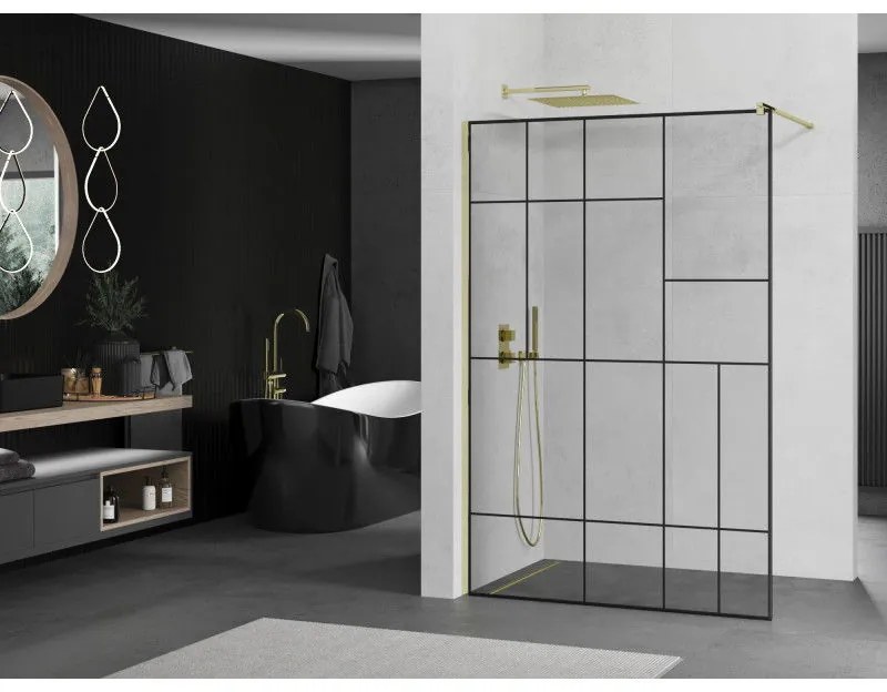 Mexen Kioto sprchová zástena 130x200 cm 8 mm, zlatý profil, sklo čierny vzor 2, 800-130-101-50-78