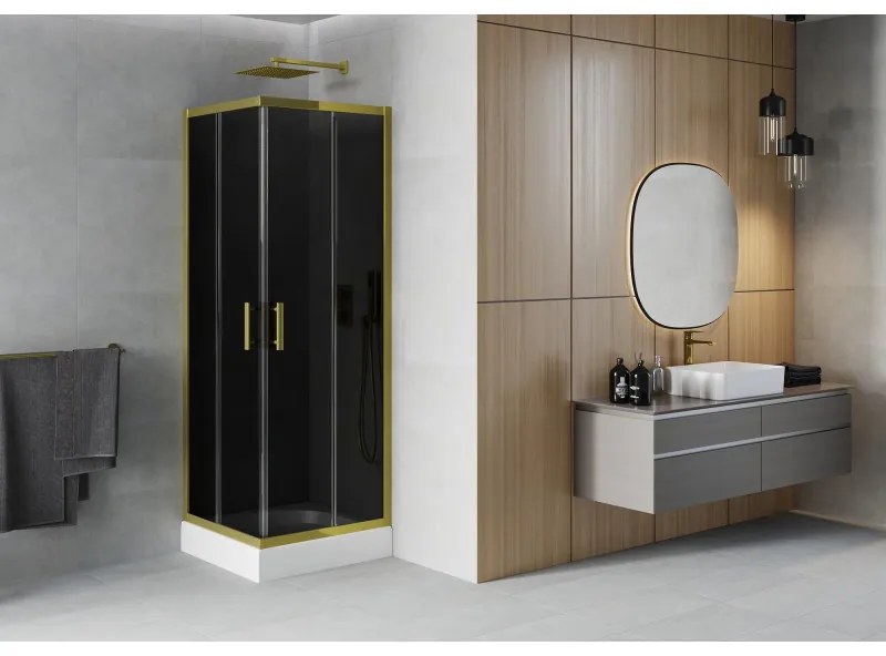 Mexen Rio, štvorcový sprchovací kút s posuvnými dverami 80(dvere) x 80(dvere) x 190 cm, 6mm šedé sklo, zlatý profil + biela sprchová vanička RIO, 860-080-080-50-40-4510
