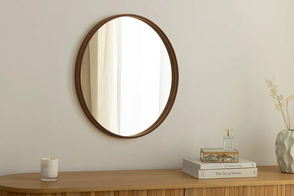 Okrúhle zrkadlo Lineo Walnut – Rám v dekore tmavý orech (Ø 70 cm)