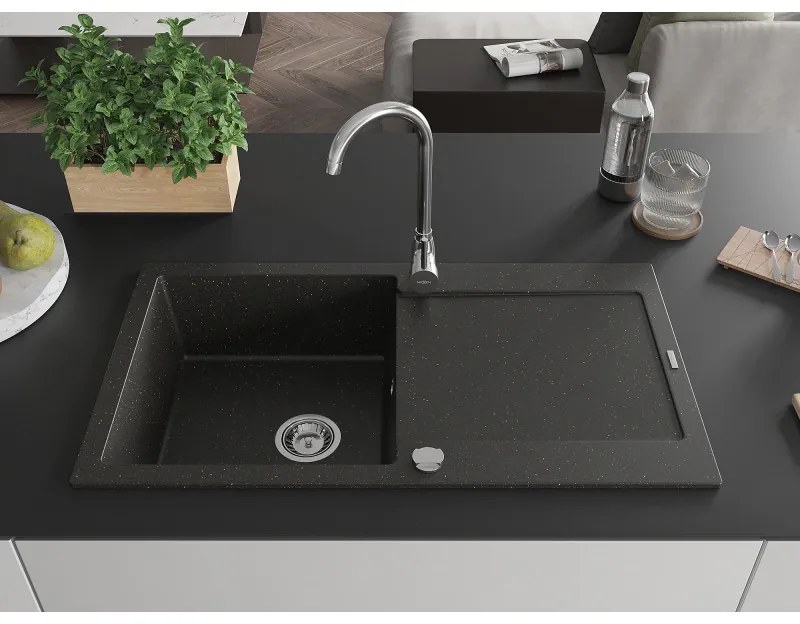 Mexen Leo, drez granitový 900x500x190 mm, 1-komorový a chrómová batéria Telma, čierna-zlatá metalíza, 6501-75-670200-00