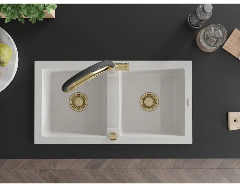Mexen Mario, granitový drez 820x436x161 mm, 2-komorový a drezová batéria Duo, biela, 6504-20-671701-57-G