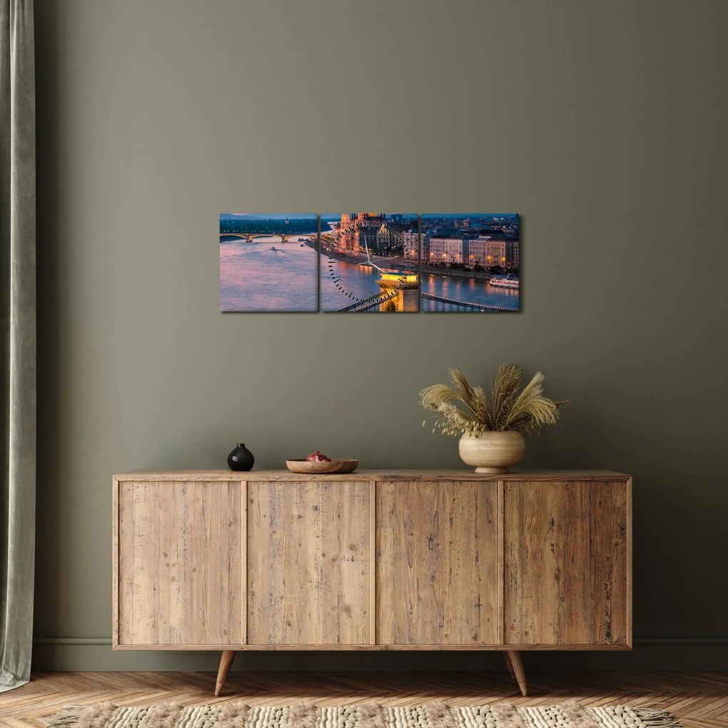Obraz - Panorama mesta, Budapešť, Maďarsko (s hodinami) (90x30 cm)