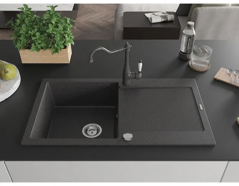 Mexen Leo, granitový drez 900x500x190 mm, 1-komorový a drezová batéria Carla, čierna škvrnitá, 6501-76-670700-76
