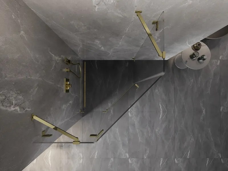 Mexen Lunar, Päťuholníkový sprchový kút Mexen Lunar naklápací doľava 100 x 100 cm, 8mm číre sklo, zlatý profil, 831-100L-100P-50-00-L