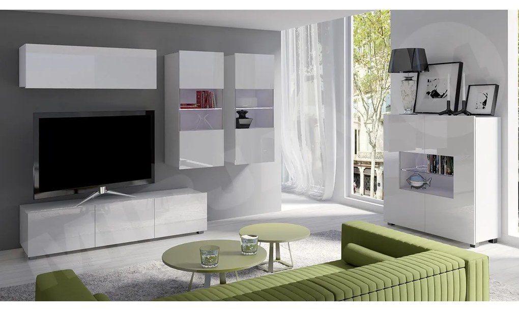 Obývacia stena Bralani VI s komodou, Farby: dub zlatá / biely + biely lesk, Osvetlenie: osvetlenie LED modré