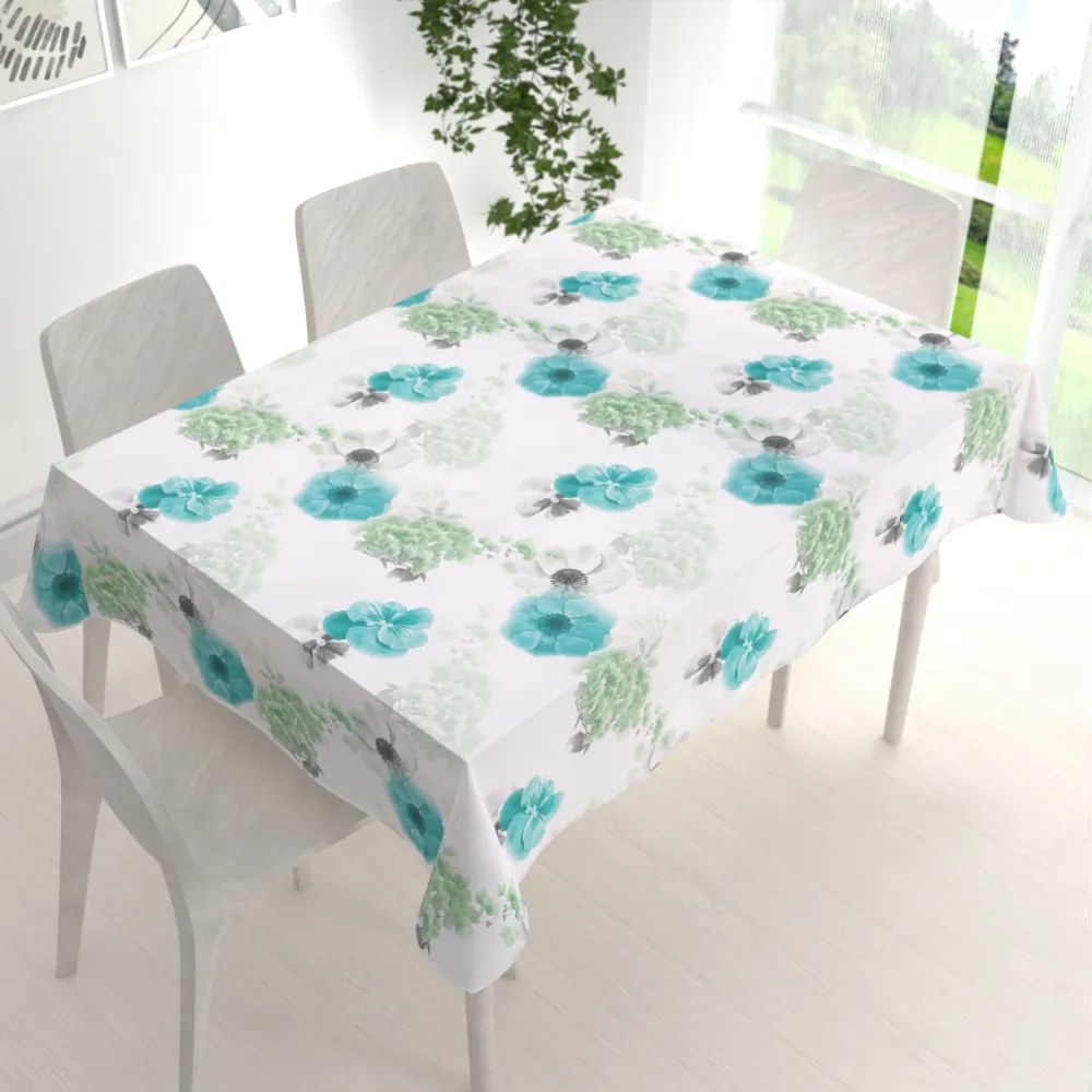 Biante Teflónový obdĺžnikový obrus TF-044 Tyrkysové ruže na bielom 50x100 cm
