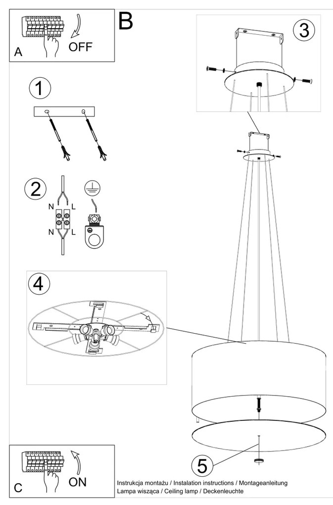 Závesné svietidlo Otto, 1x čierne textilné tienidlo, (biele sklo), (fi 60 cm)