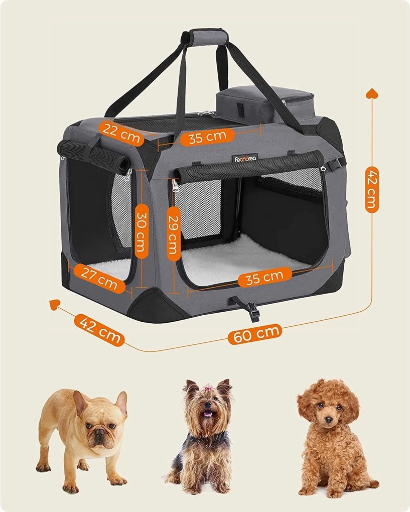 Skladací nosič pre domáce zvieratá, prepravný box, veľkosť M, sivý