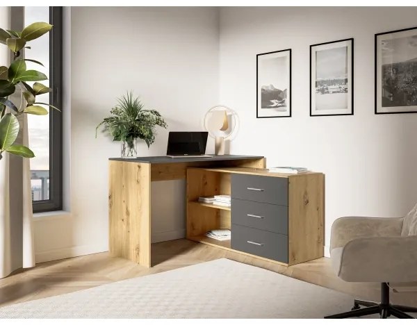 Písací stôl so zásuvkami a univerzálnym rohom P/L JULES dub artisan/antracit