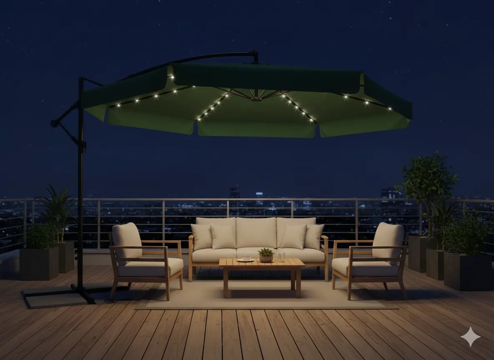 Garden Line 3 M ZELENÝ ZÁHRADNÝ SLNEČNÍK „BANANA“ S LED OBALOM