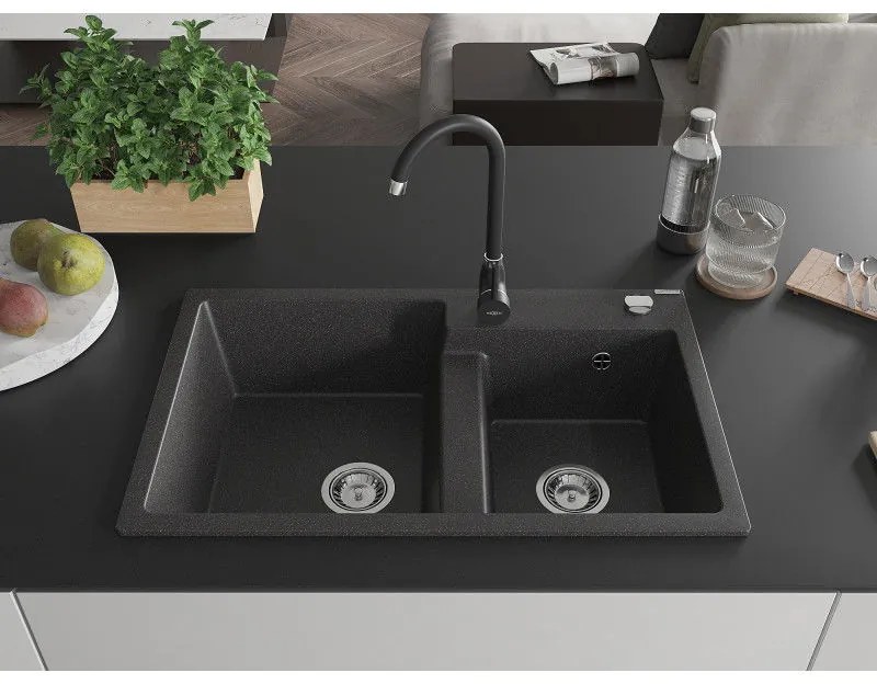 Mexen Tomas, granitový drez 800x500x190 mm, 2-komorový a čierna batéria Telma, čierna škvrnitá, 6516-76-670200-70