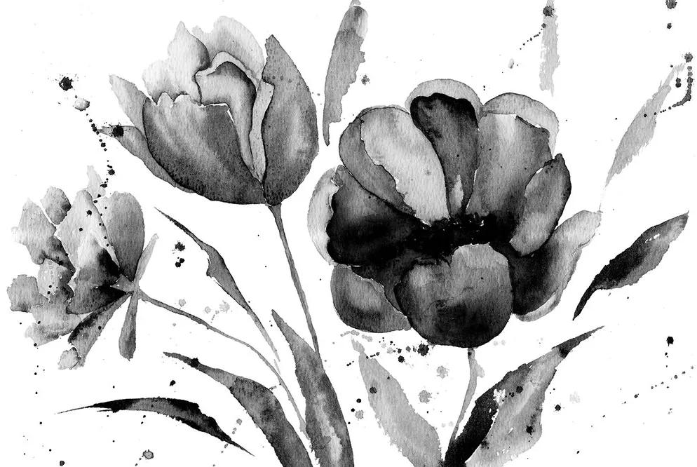 Jedinečná čiernobiela tapeta maľované tulipány