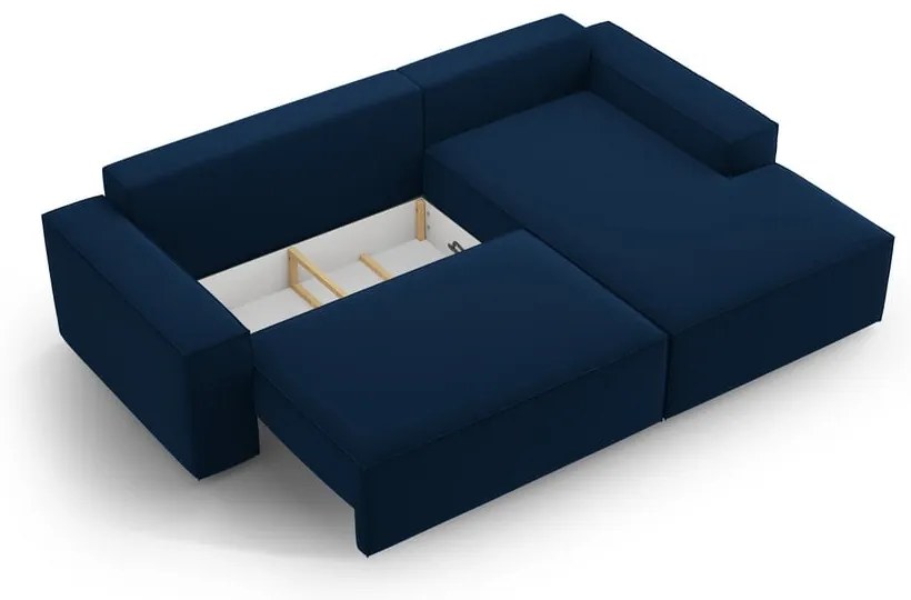 Tmavomodrá zamatová rozkladacia/s úložným priestorom rohová pohovka (pravý roh/s leňoškou) Jodie – Micadoni