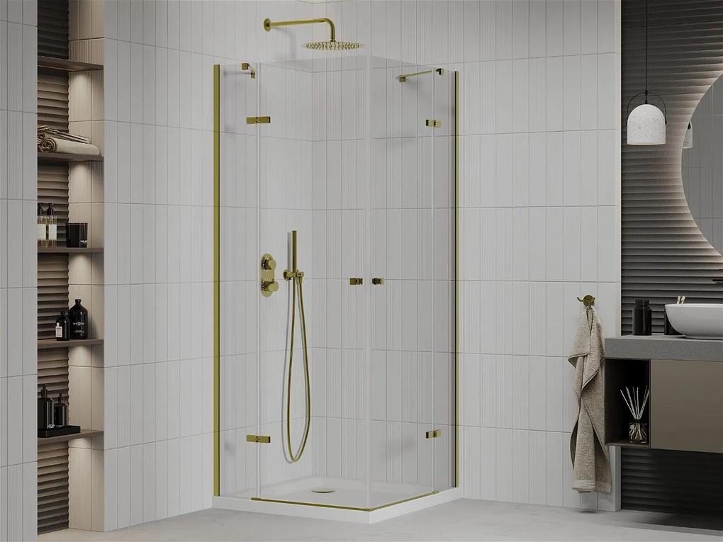 Mexen Roma Duo, sprchový kút 70 (dvere) x 70 (dvere) cm, 6mm číre sklo, zlatý profil + slim sprchová vanička 5cm biela + zlatý sifón, 854-070-070-50-02-4010G
