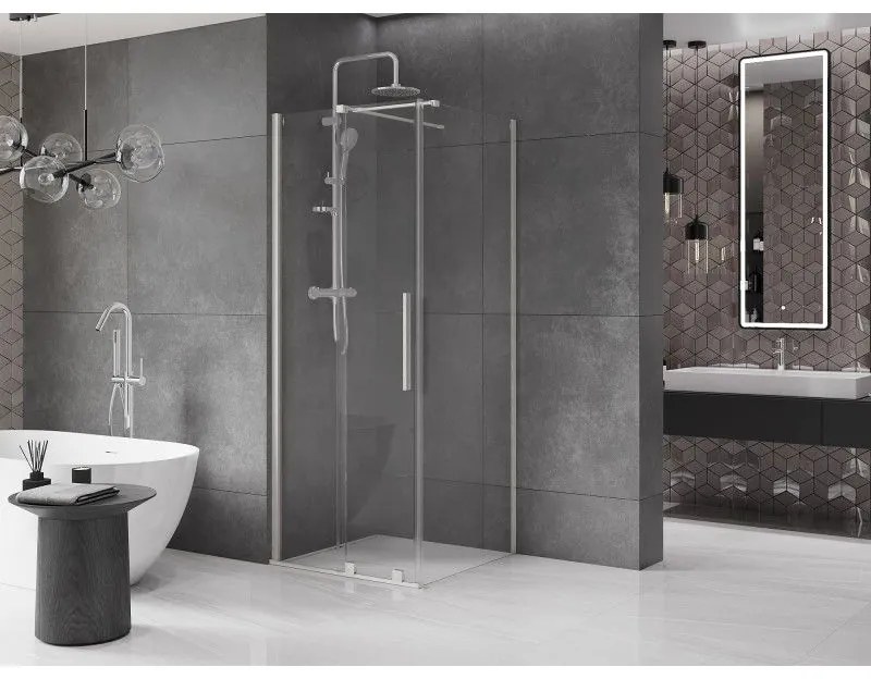 Mexen Velar, sprchový kút s posuvnými dverami 90 x 90 cm, 8mm číre sklo, brúsená oceľ, 871-090-090-01-97