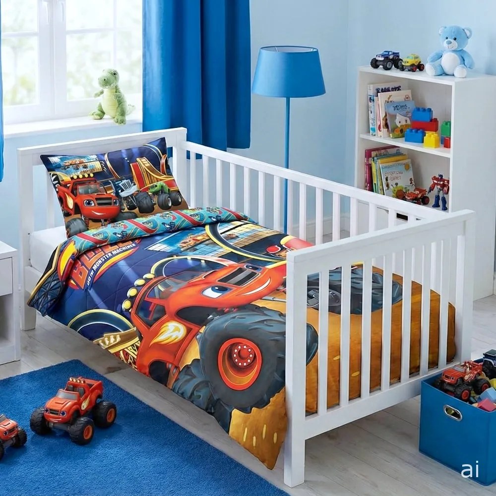 Obliečky do detskej postieľky Plamienok a štvorkolky – motív Aréna - 100% bavlna - 40x60 cm + 100x135 cm