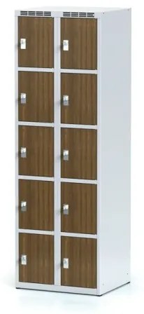 Alfa 3 Šatníková skrinka s úložnými boxami, 10 boxov 300 mm, laminované dvere orech, cylindrický zámok