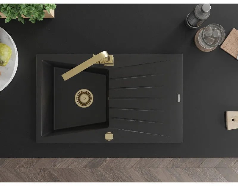 Mexen Cesar, granitový drez 775x470x190 mm, 1-komorový, čierna so zlatým sifónom a zlatá drezová batéria Rita, 6514-77-670300-50