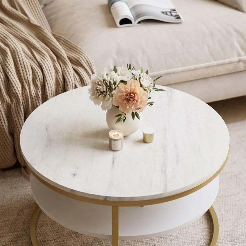 KONFERENČNÝ STOLÍK LEONARDO S POLICOU BIELY MRAMOR + ZLATÝ