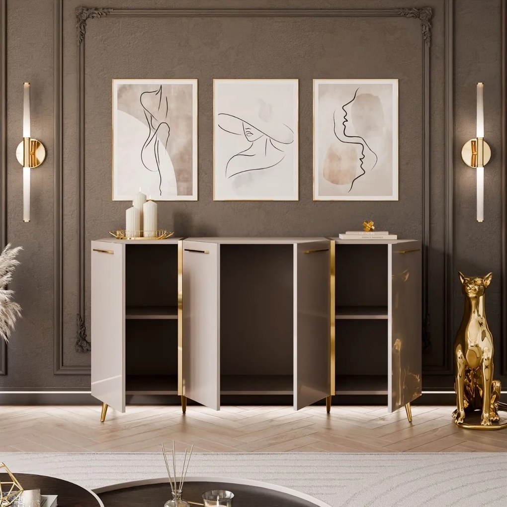 KOMODA SANTINO 4D NA NOŽIČKÁCH KAŠMÍR LESK / ZLATÁ 158 cm