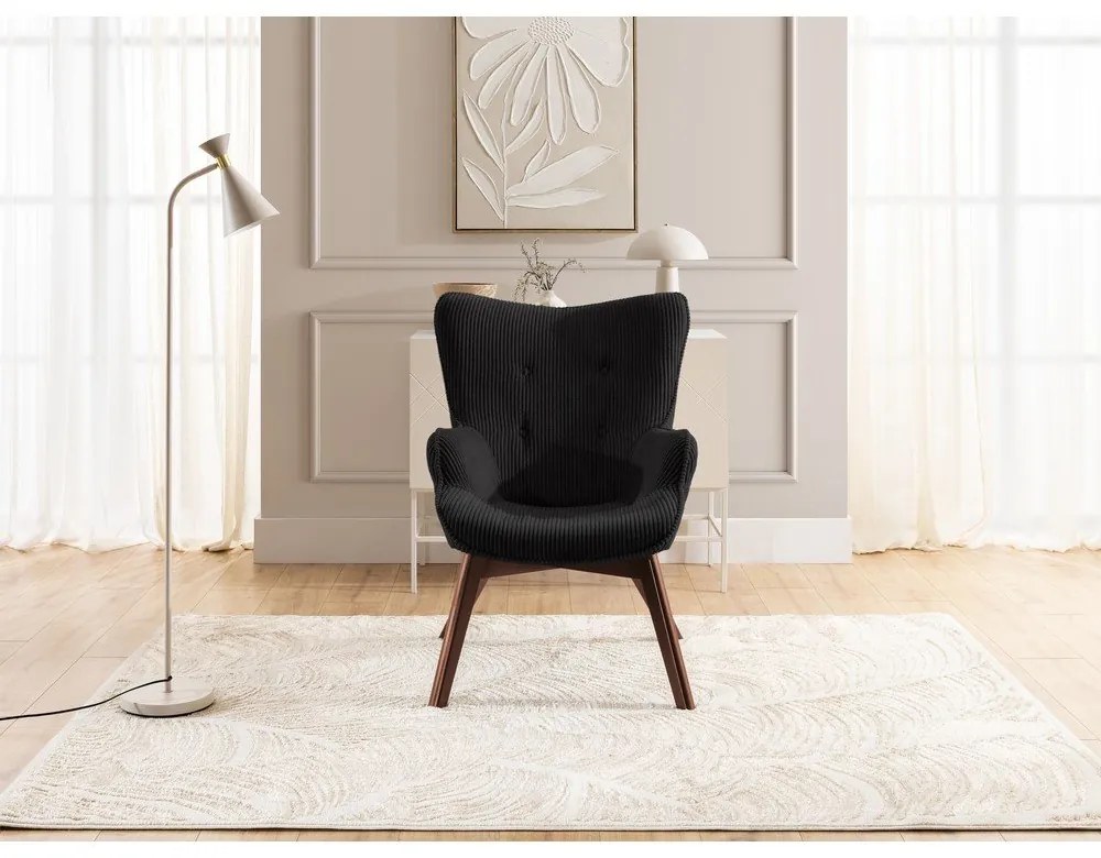 Čierne menčestrové kreslo s podnožkou Niko – Ropez