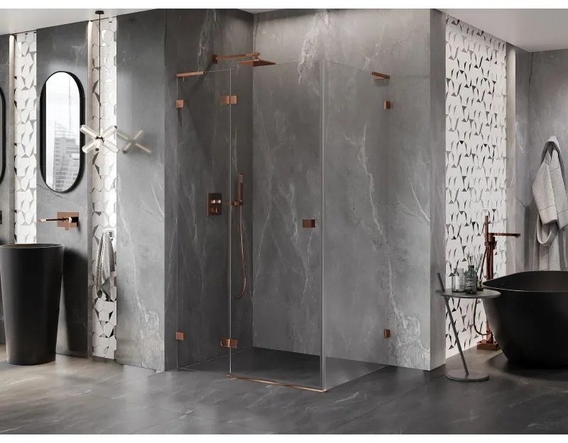 Mexen Lunar L, sklápací sprchový kút ľavý 70 x 80 cm, 8mm číre sklo, ružové zlato profil, 834L-070-080-60-00-L