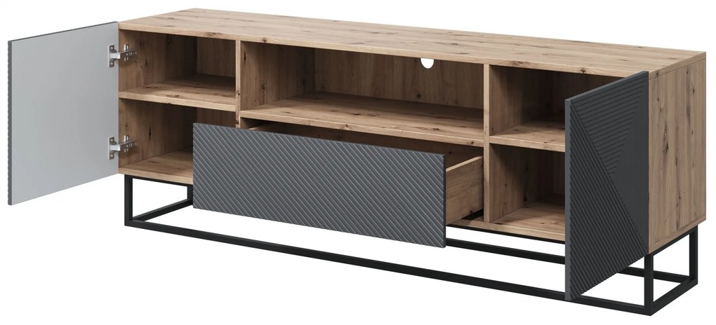 TV stolík Asha 167 cm so zásuvkou a kovovou podnožou - artisan / rivier stone mat