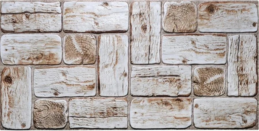 Obkladové panely 3D PVC TP10017657, cena za kus, rozmer 960 x 479 mm, borovicové kláty bielené, GRACE