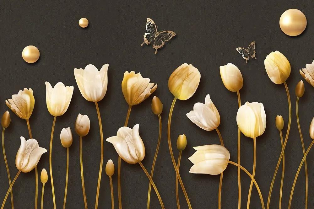 Samolepiaca tapeta tulipány so zlatým motívom - 300x200
