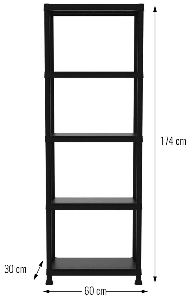 Plastový regál, 5 políc, 174x60x30 cm, čierna farba