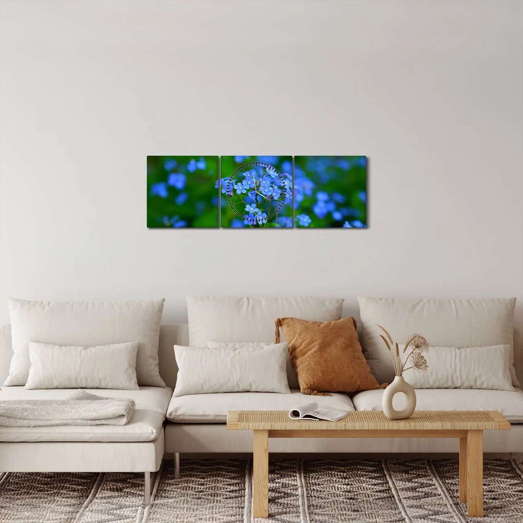 Obraz modrých kvetín (s hodinami) (90x30 cm)
