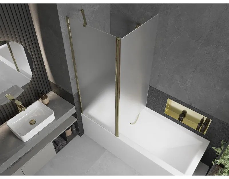 Mexen Flip, vaňová zástena 1-krídlová 140 x 150 cm, otočné krídlo, 6 mm námraza sklo, zlatý profil, 894-140-101-50-30