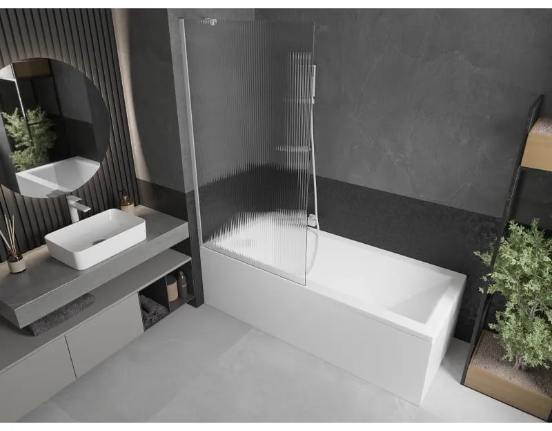 Mexen Next, vaňová zástena 1-krídlová 90 x 150 cm, fixné krídlo, 6 mm sklo s pruhmi, biely profil, 895-090-000-00-09-20