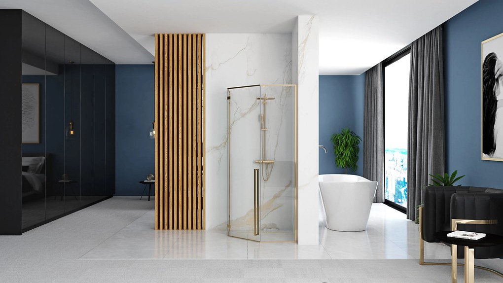 Rea Diamond Gold, sprchovací kút 90x90 cm + čierna sprchová vanička, zlatá lesklá, KPL-14904