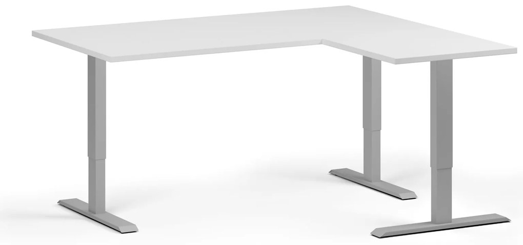 Výškovo nastaviteľný stôl, 160x140 cm, 3 motory, L/P, sivá podnož, biela
