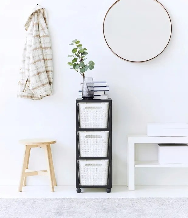 Rotho Pojazdný stojan, regál s 3 košíkmi, BRISEN TOWER, biela/antracit