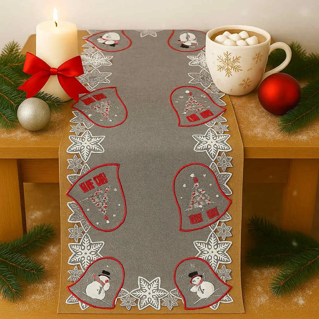 Vianočný vyšívaný obrus vianočný Zvončeky sivé 40x110 cm TiaHome