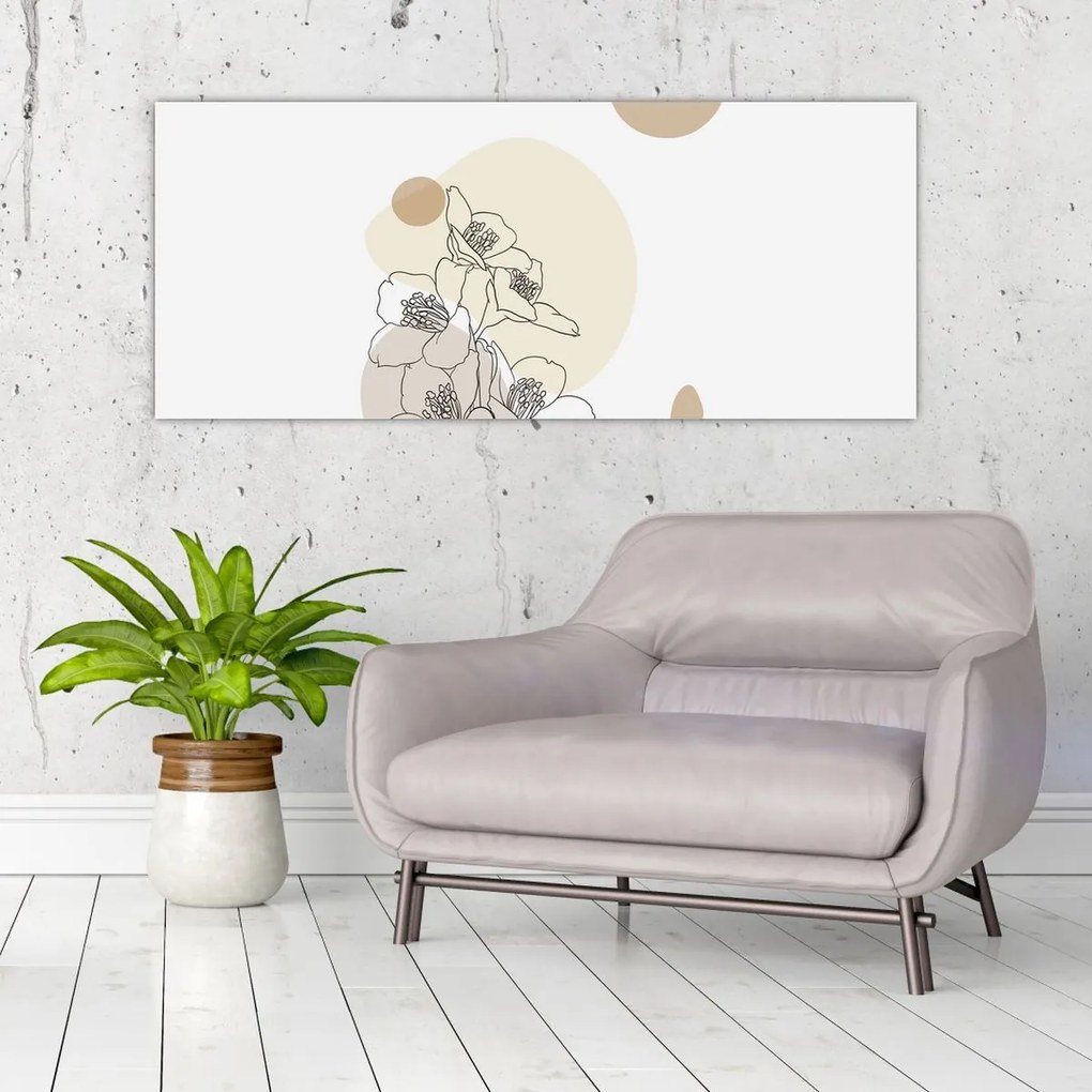 Obraz - Béžové kvety s motýľom N⁰4 (120x50 cm)