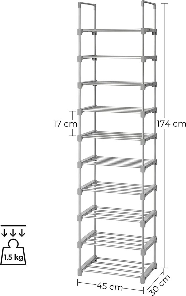 Veľký 10-policový kovový stojan na topánky, botník, sivý