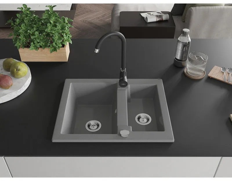 Mexen Carlos, granitový drez 582x475x177 mm, 1,5-komorový a čierna drezová batéria Telma, šedá, 6518-71-670200-70