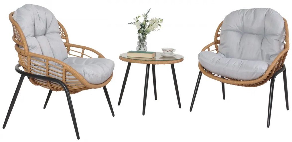 Súprava 2 kresielok a stolíka HWC-N33 - prírodná farba, čalúnenie svetlosivá