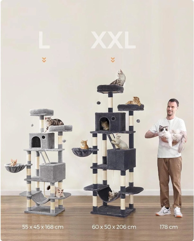 Mačací strom XL, so 13 škrabadlami, výška 206 cm, dymovo sivá farba