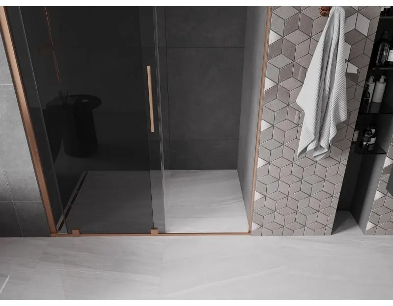 Mexen Velar, posuvné sprchové dvere do otvoru 140 cm, 8mm šedé sklo, medená matná, 871-140-000-41-65