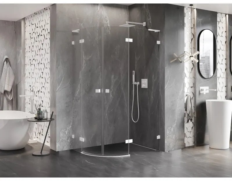 Mexen Lunar, L pravý polkruhový sprchový kút 90 x 70 cm, 8mm číre sklo, biely profil, 833L-090P-070L-20-00